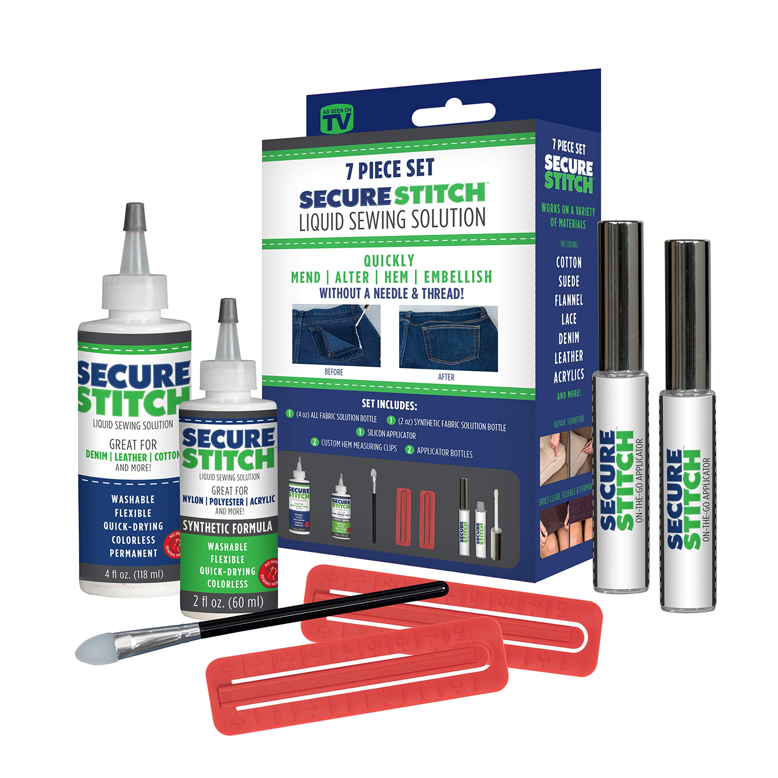 Secure Stitch liquid sewing solution set with packaging on a white background