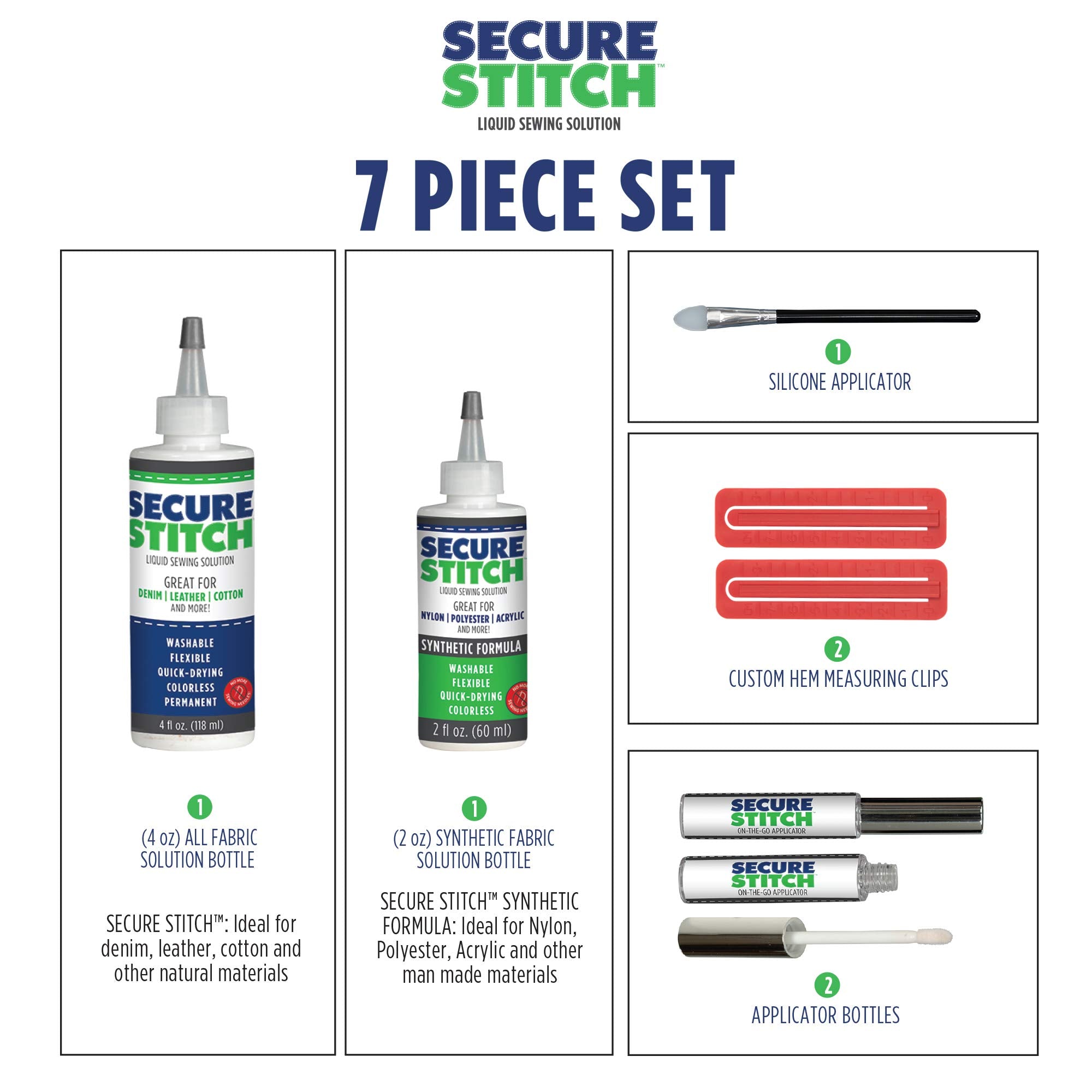 Secure Stitch liquid sewing solution 7-piece set with bottles, applicator, and measuring clips on a white background.