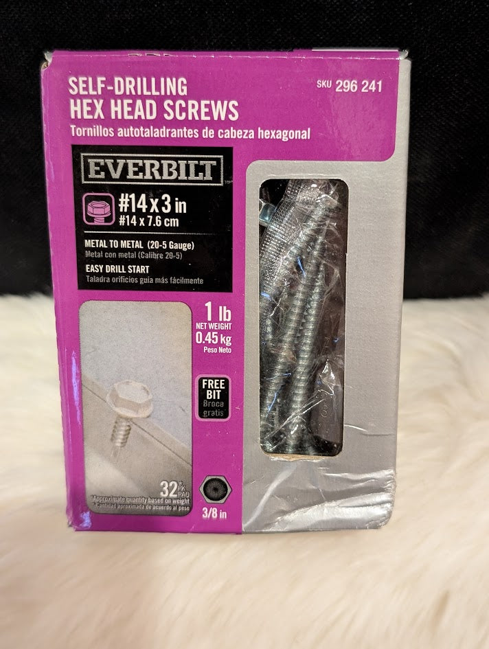 Box of Everbilt self-drilling hex head screws.