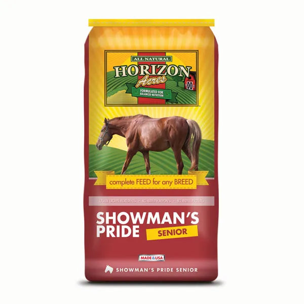 Bag of Horizon Acres Showman's Pride Senior horse feed.