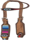 Tough 1 light oil leather ear headstall with colorful serape print and stainless steel hardware – final clearance, no returns