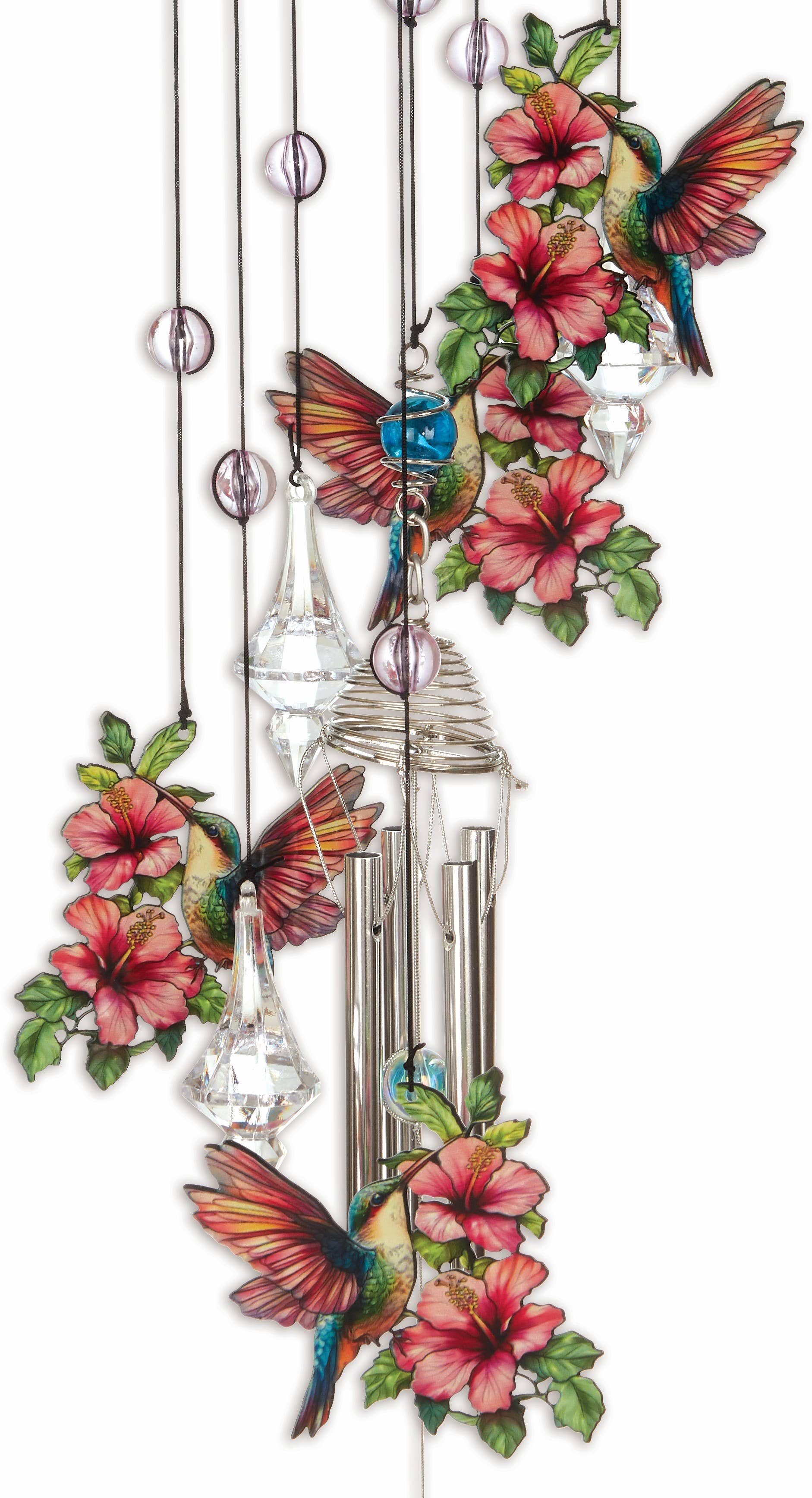 Decorative wind chime with colorful hummingbirds and flowers on a white background