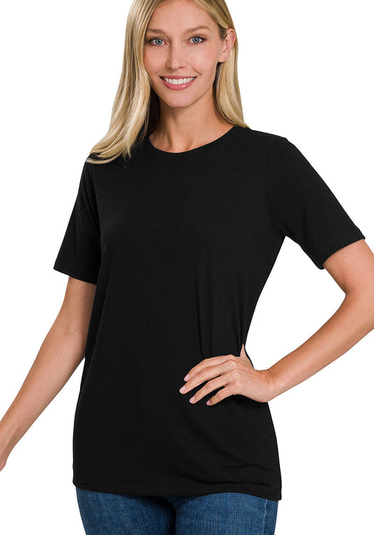 Woman wearing Zenana black round neck short sleeve tee with relaxed fit for everyday comfort