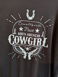 Brwon t-shirt with white graphic design featuring text and graphics on a dark background