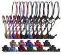 A collection of horse size braided nylon cowboy knot rope halters with removable matching lead ropes, displayed in multiple colors.