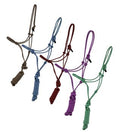 A collection of adjustable pony-sized cowboy halters with matching lead ropes in various colors.