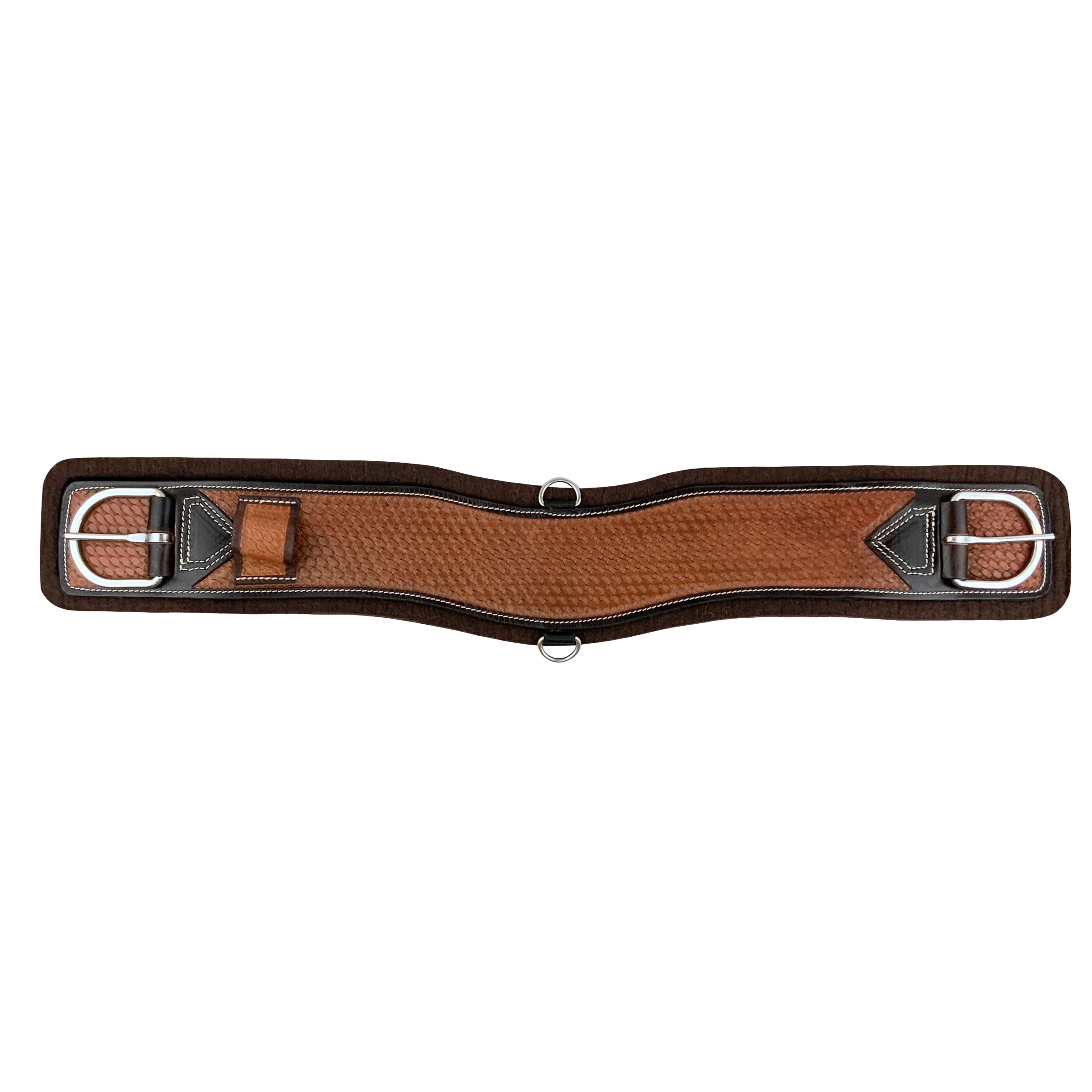 Brown leather girth strap with silver buckles on a white background