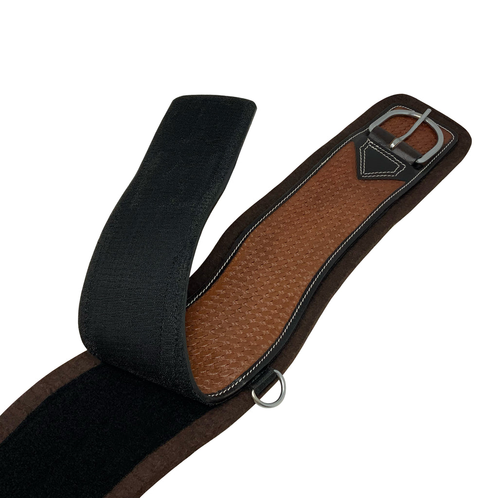 Brown leather and black fabric belt with metal buckle on a white background