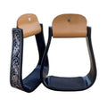Pair of black and brown horse riding stirrups on a white background