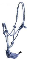 A collection of horse size braided nylon cowboy knot rope halters with removable matching lead ropes, displayed in multiple colors.