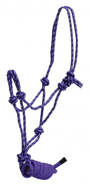 A collection of horse size braided nylon cowboy knot rope halters with removable matching lead ropes, displayed in multiple colors.