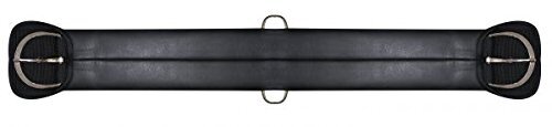 Black neoprene girth strap with silver buckle on a white background