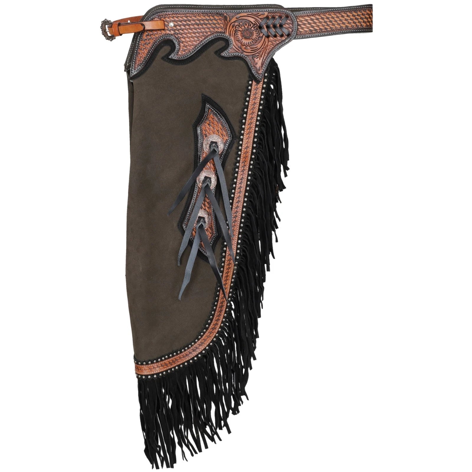 Brown leather chaps with black fringe and decorative stitching