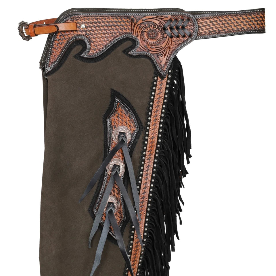 Brown leather chaps with intricate designs and fringes.