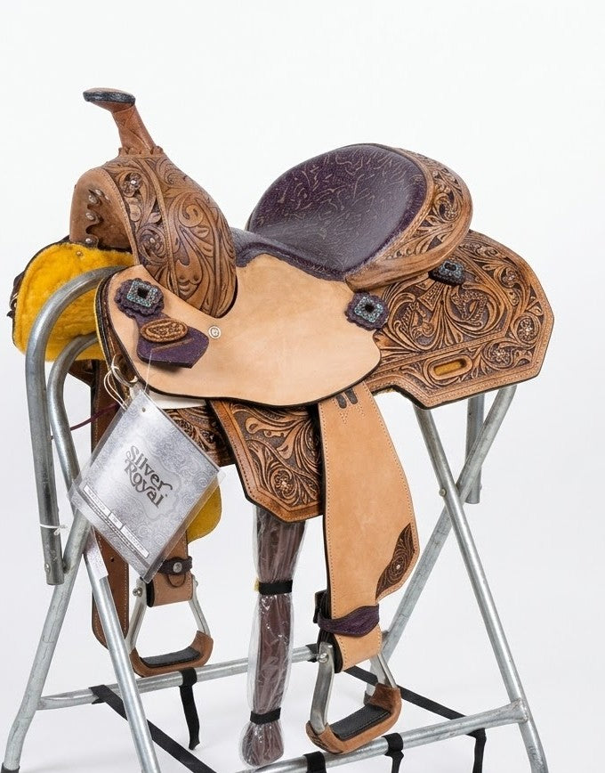 Silver Royal Barrel Saddle with a small seat and purple accents and tooling