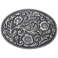 Silver floral Western belt buckle with intricate scroll engraving and rope border.