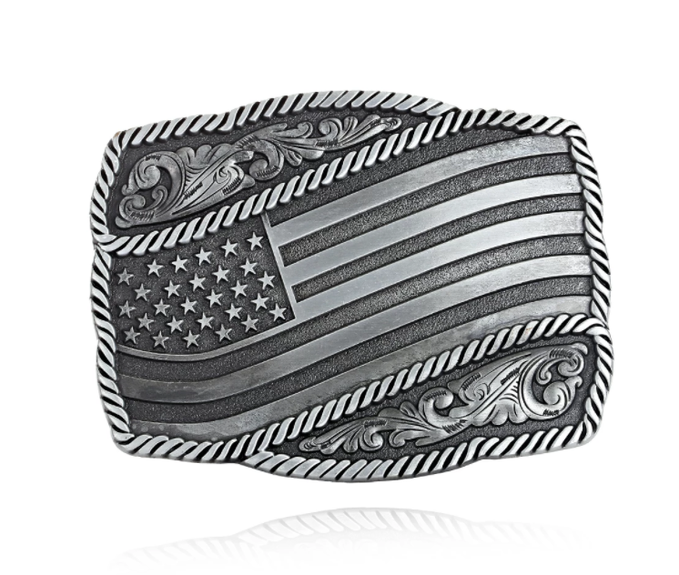 Silver belt buckle with American flag design on a white background
