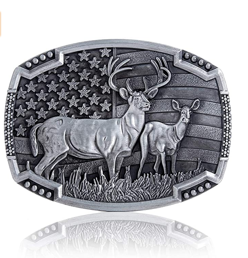 Belt buckle with deer design and American flag background on a white background
