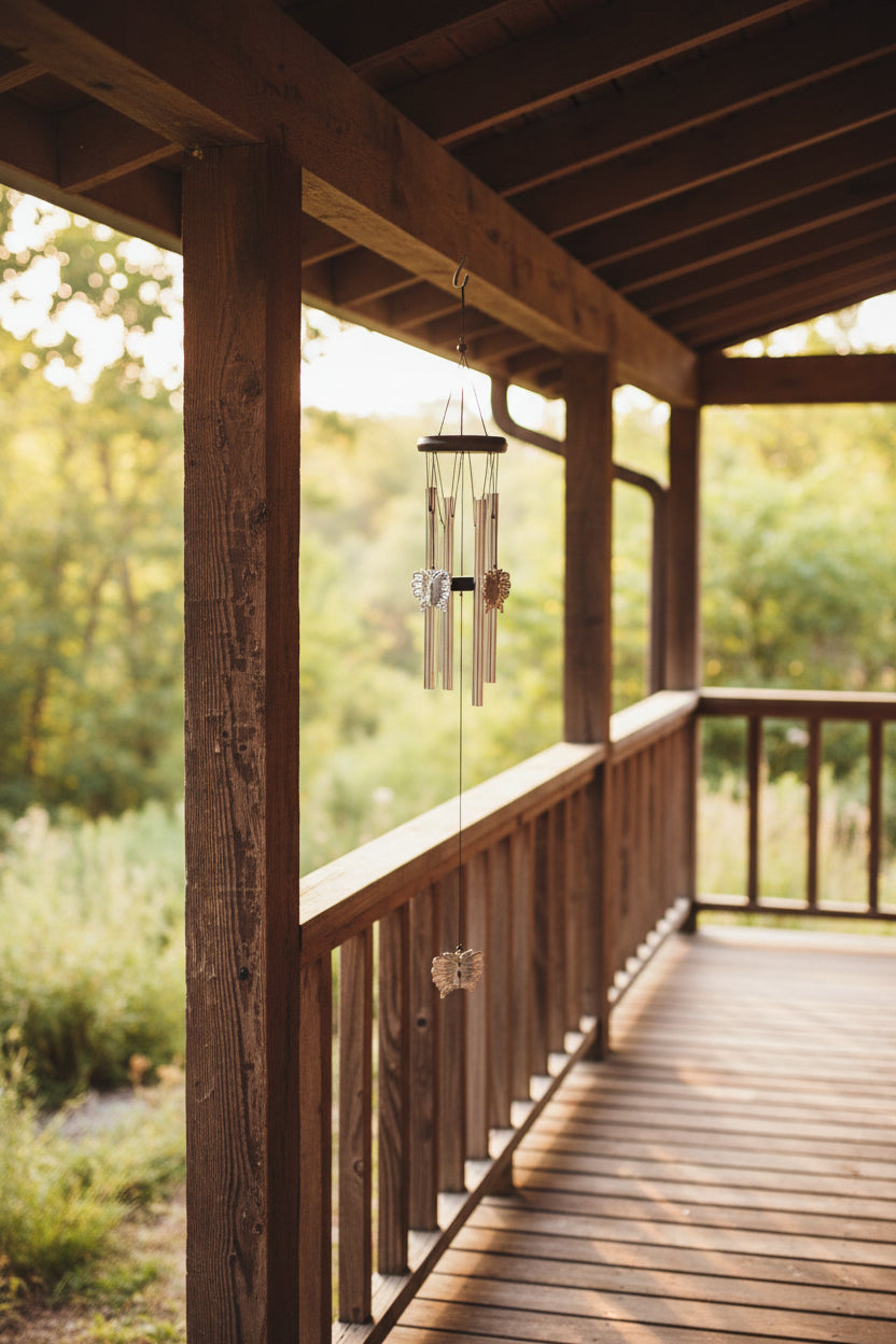Decorative wind chime hanging on porch
