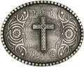 Decorative belt buckle with cross design on a white background