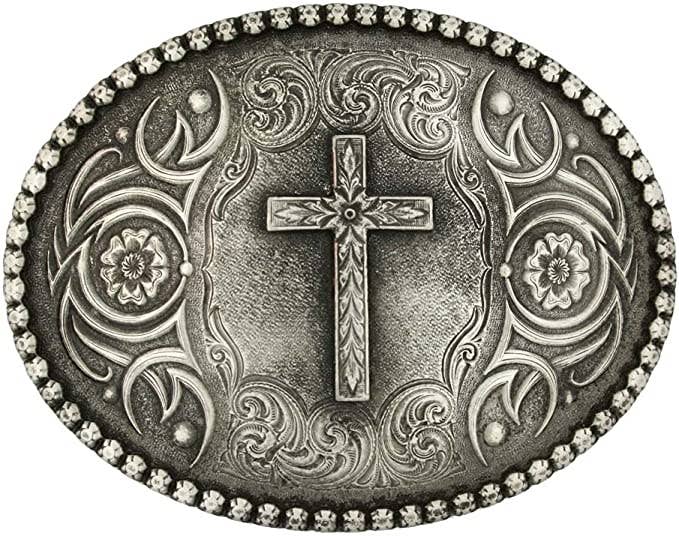 Decorative belt buckle with cross design on a white background