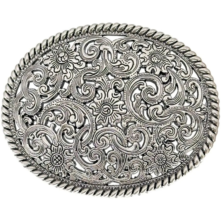 Silver Floral Pattern Belt Buckle  Western Oval Buckle
