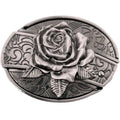 Silver rose belt buckle with intricate designs on a white background