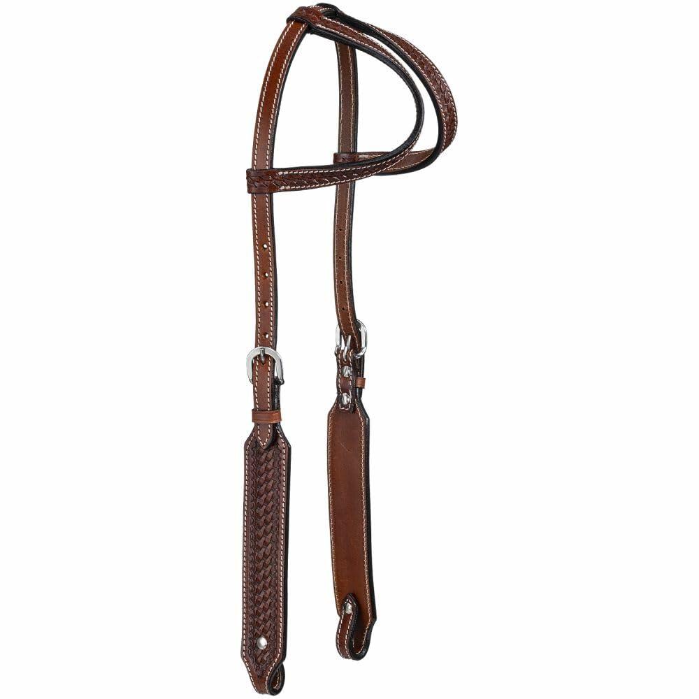 Medium oil leather western headstall with white stitching and Chicago screw bit ends