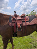 Silver Royal Youth Split Rail Ranch Saddle with rich mahogany finish and basketweave tooling
