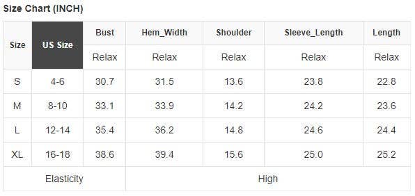 Size chart for clothing measurements in inches with US size categories.