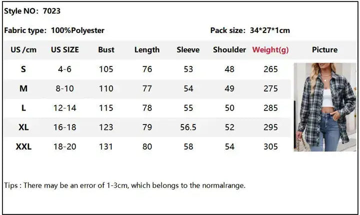 Size chart for a plaid shirt with measurements and a picture of the shirt.