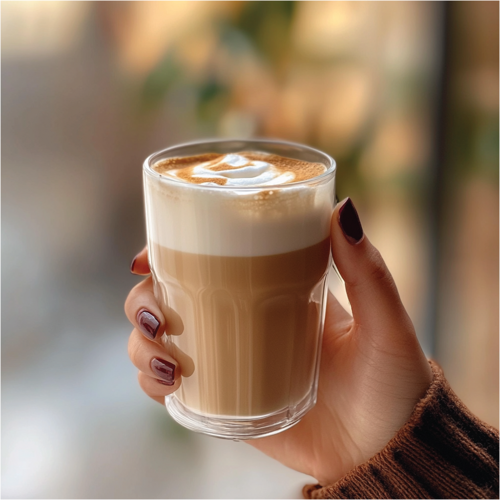 Hand holding a glass of latte with a blurred background