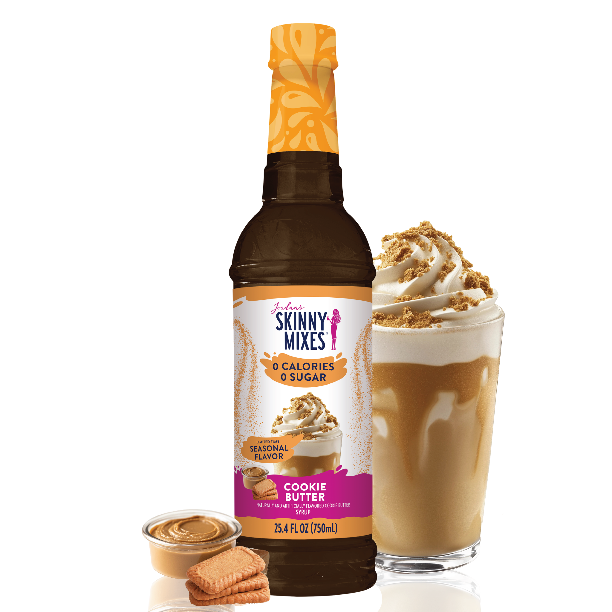 Skinny Mixes Cookie Butter syrup bottle with a glass of a creamy drink and cookies on a white background