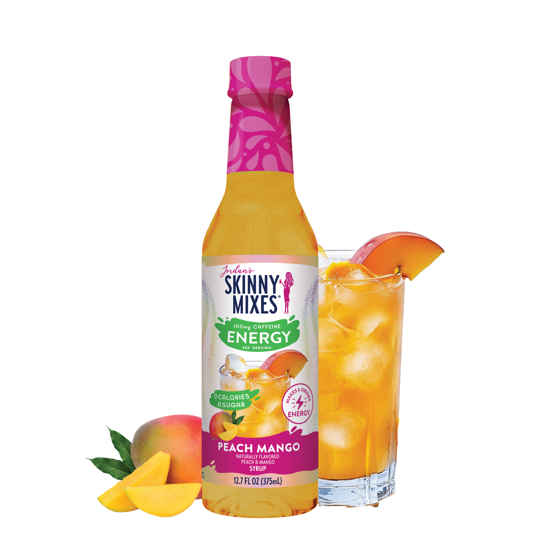 Skinny Mixes Peach Mango energy drink bottle with a glass of the drink and peach slices on a white background