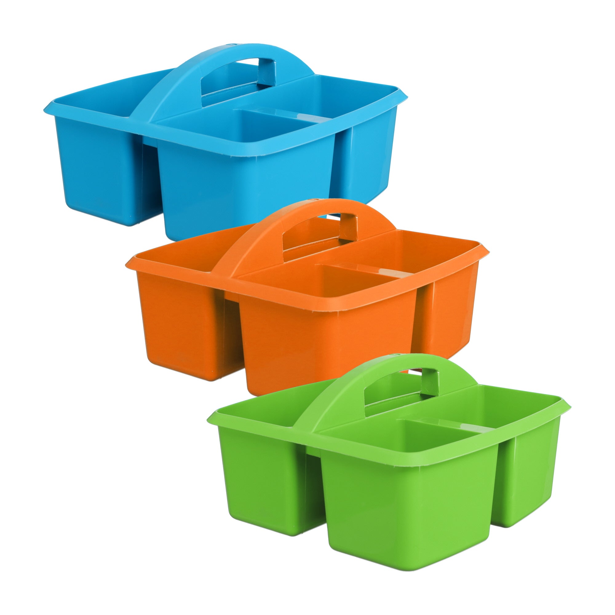 Three colorful small plastic caddies in blue, orange, and green.