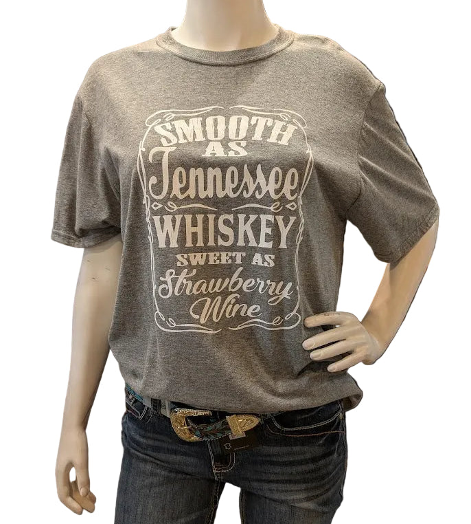 Mannequin wearing a gray t-shirt with text  with a white background.
