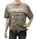 Mannequin wearing a gray t-shirt with text  with a white background.