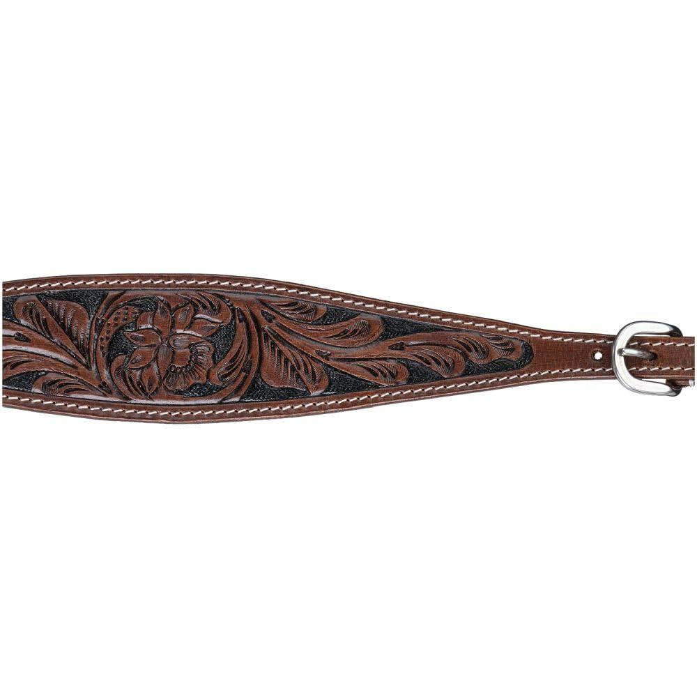 Two-tone tooled leather Western wither strap with stainless steel snap ends