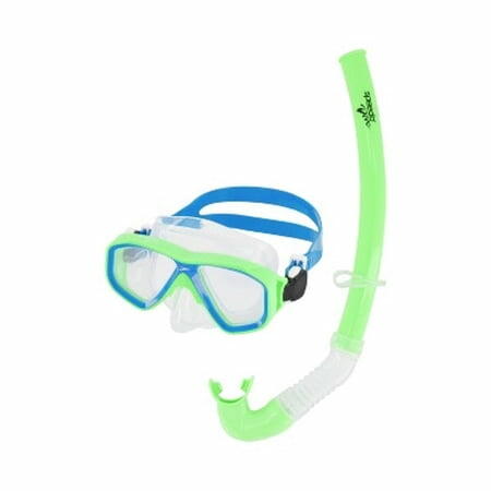 Green snorkel and blue/green goggles on a white background