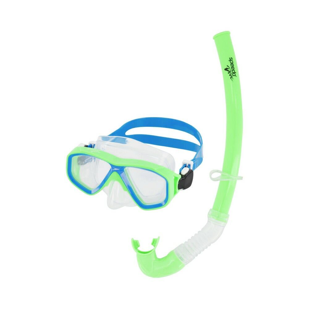 Green and blue snorkel set on a white background