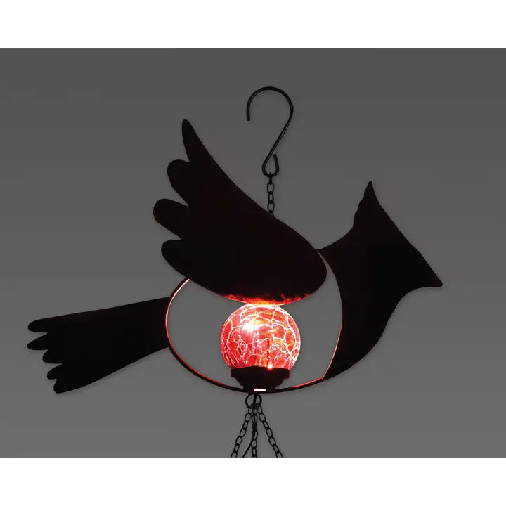 Wind chime with metal cardinal and solar light