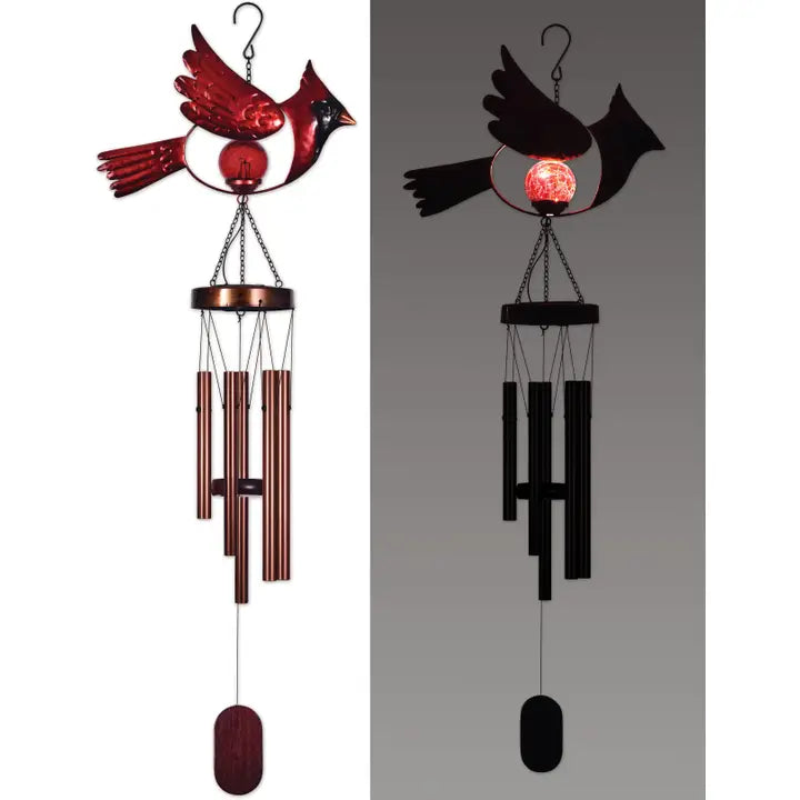 Bronze tube wind chime with a cardinal and solar light