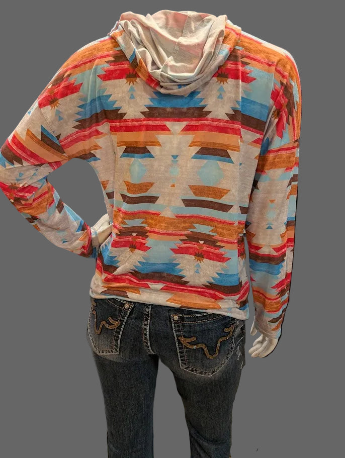 Colorful patterned hoodie on a mannequin  with a gray background