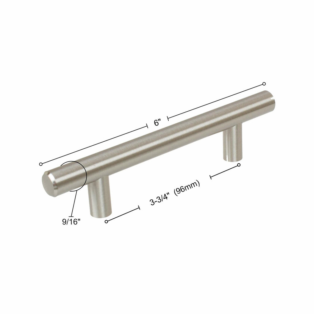 Stainless steel cabinet handle with dimensions labeled 