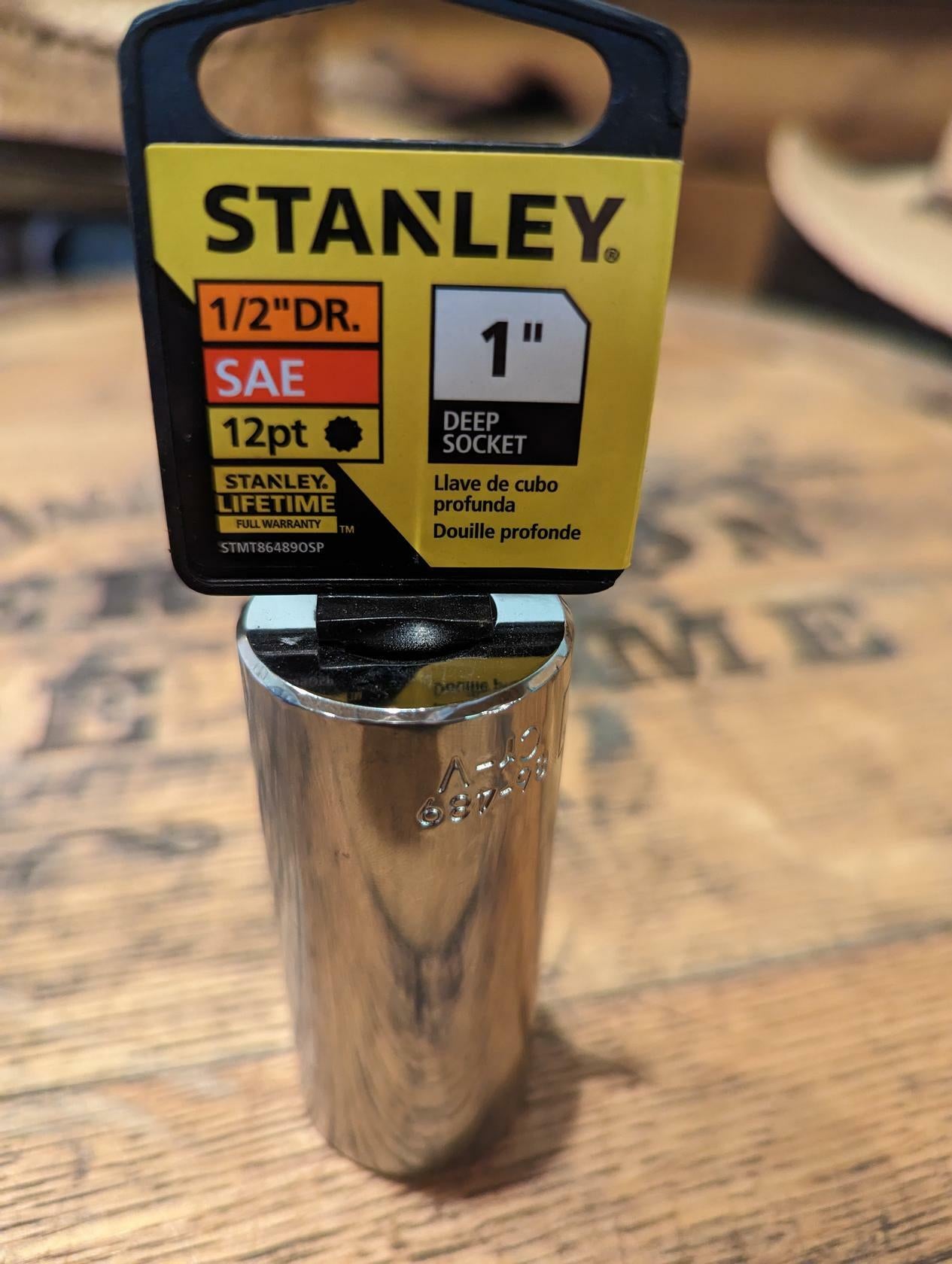 Stanley deep socket on a wooden surface