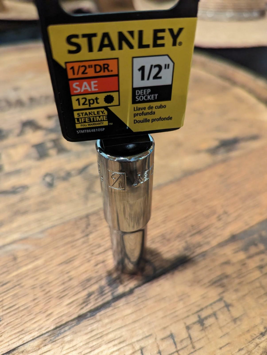 Stanley deep socket on a wooden surface