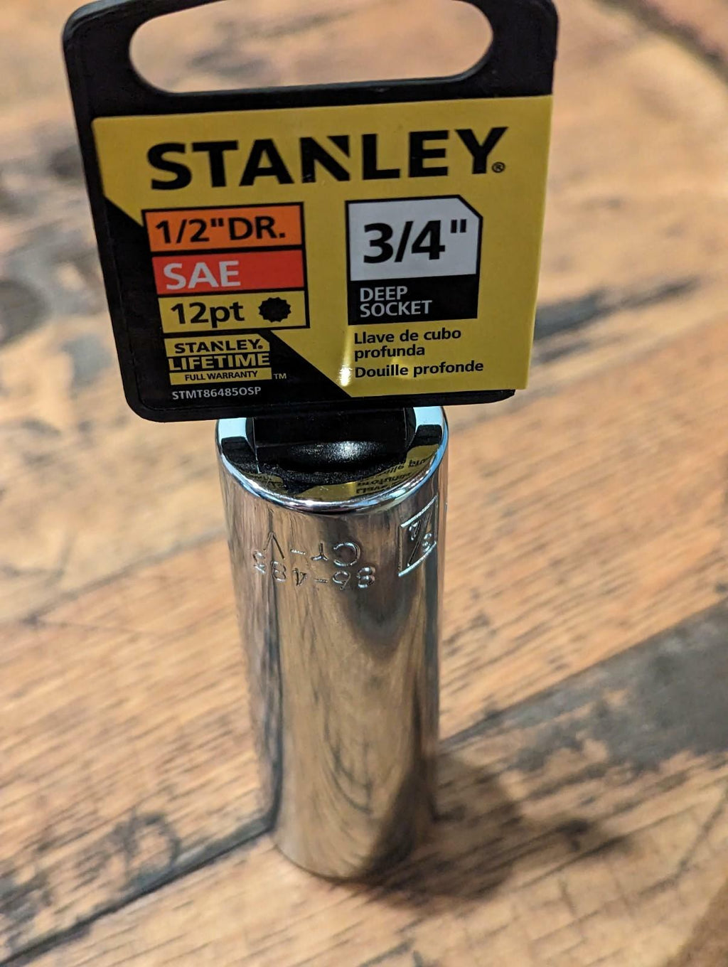 Stanley 3/4 inch deep socket on a wooden surface