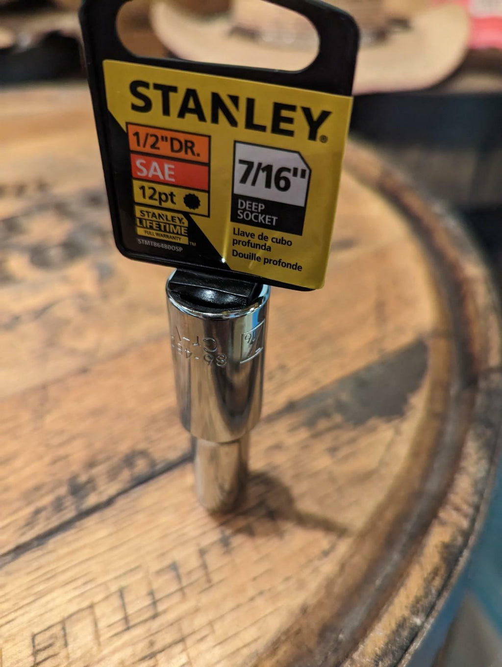 Stanley deep socket on a wooden surface