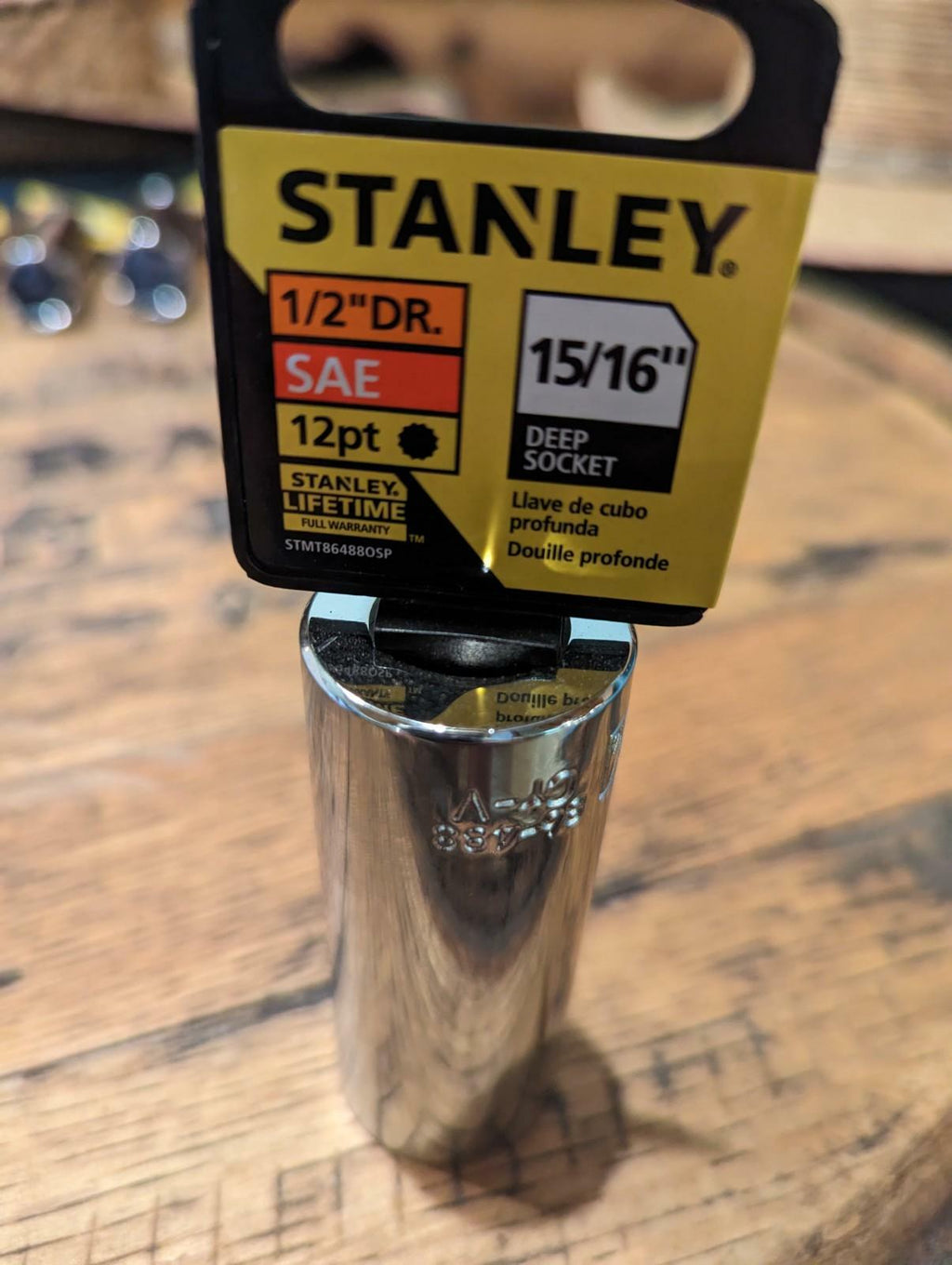 Stanley deep socket on a wooden surface