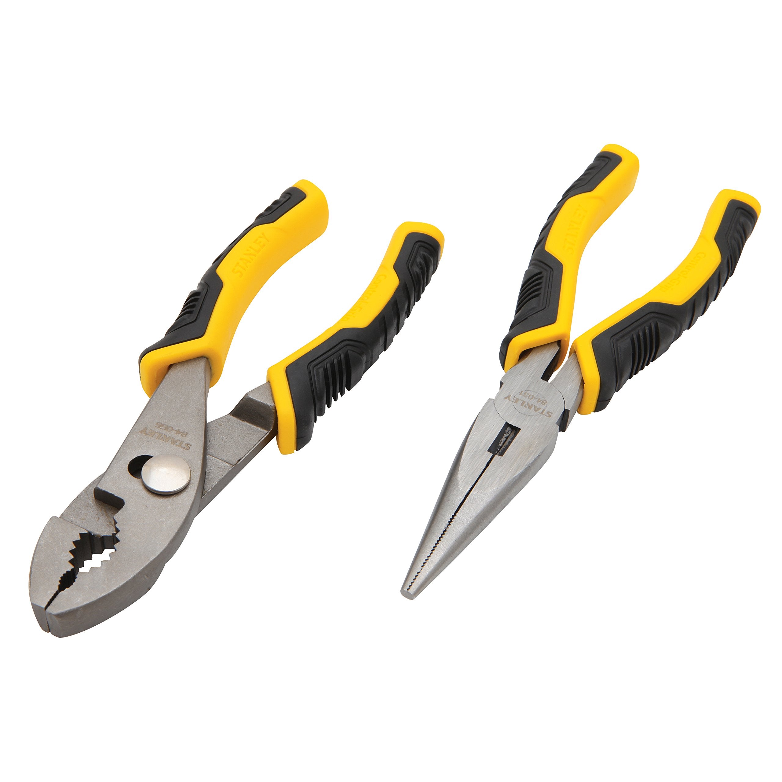 Two pairs of pliers with yellow and black handles on a white background